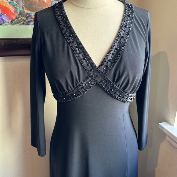Black Jersey Beaded Midi Dress by Jones New York Long  Sleeves V-Neck - Sz 4-6 - Picture 11 of 15